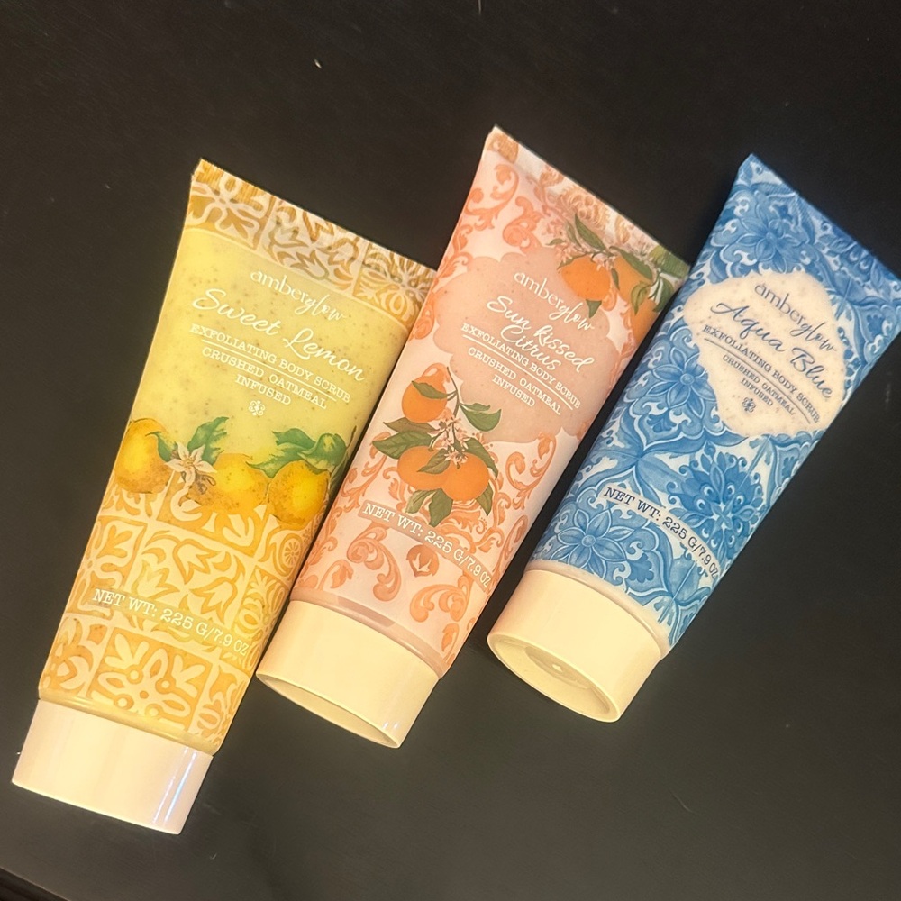 3 AmberGlow Exfoliating Body Scrub sweet lemon Sun kissed citrus aqua blue